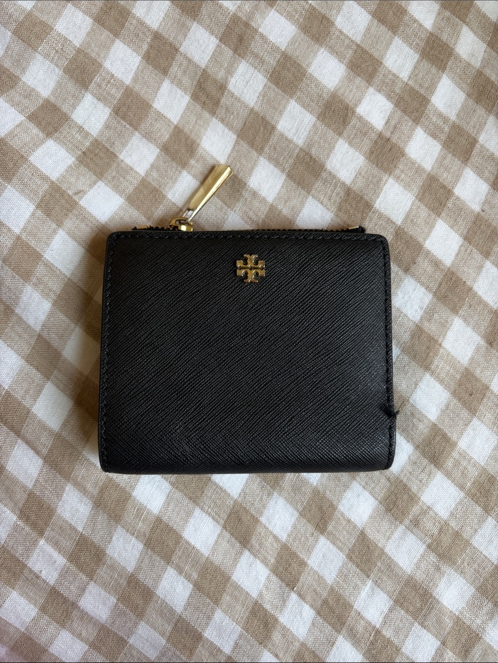 Tory Burch Black Saffiano Zip Card Case with Gold Logo